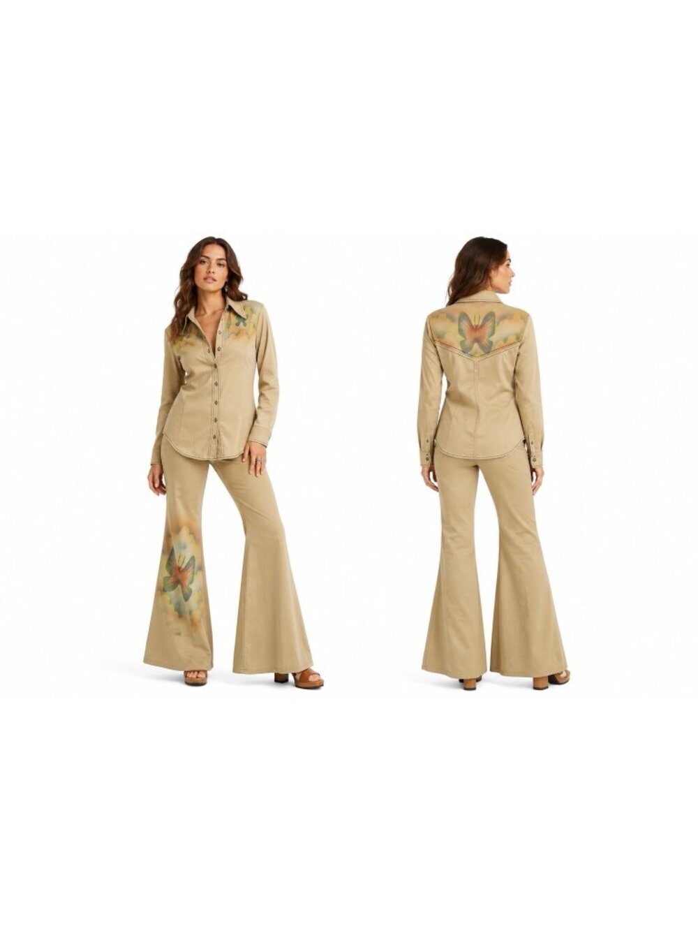 vintage 70s AIRBRUSH BUTTERFLY 2 piece set bell bottom pants shirt XS 24 waist